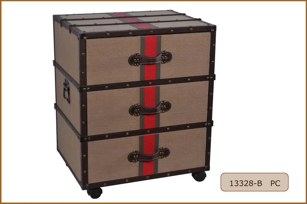 Decorative Canvas Covered Wooden Storage Trunk Style Coffee Table with Wheels