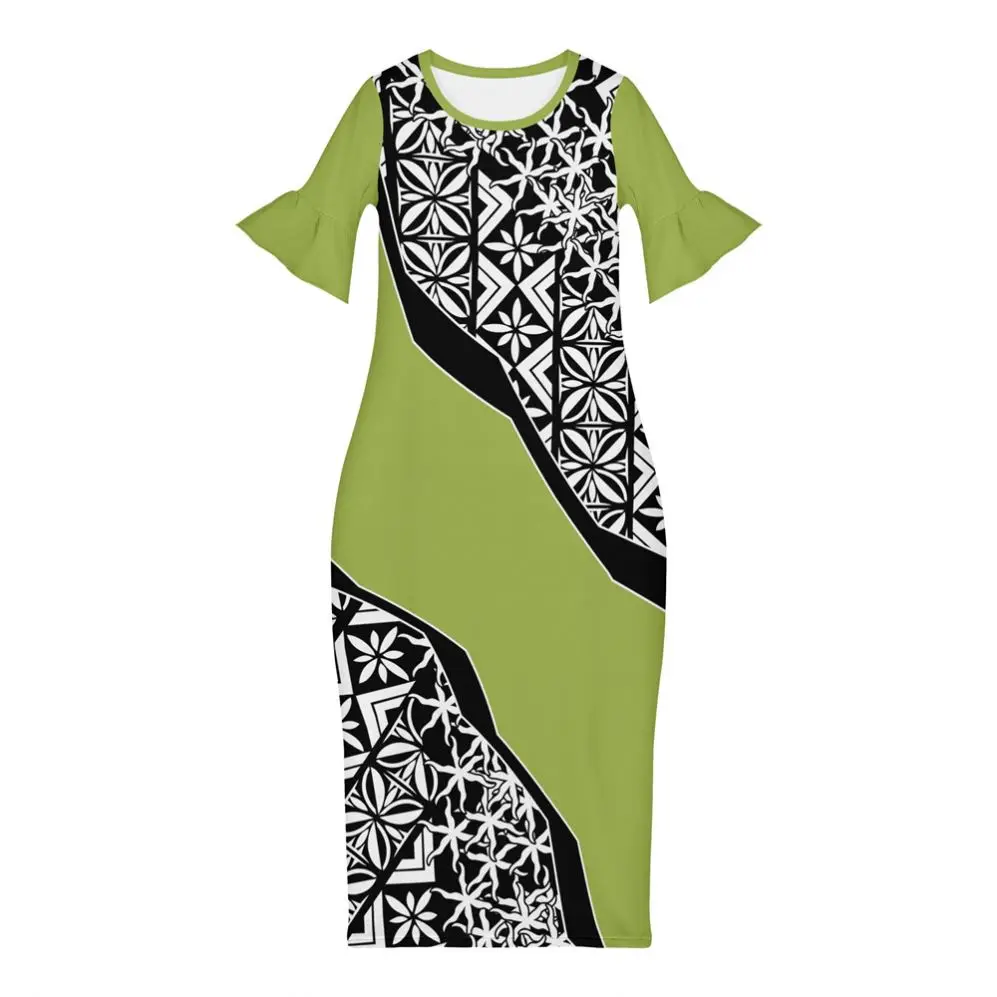 Fashion Style Ladies Dresses Evening Party Girls Skirt Printed Tattoo Polynesian Design Ladies Elegant Short Sleeve Long Dress