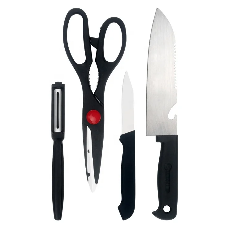 Wholesale 4 piece 8 PCS Multifunctional Stainless Steel Black Plastic Handle Scissors Kitchen Knife Set