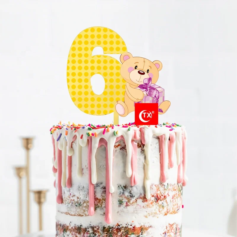 TX Number Bear With Gift Happy Birthday Baby Acrylic Cake Topper For kids Home Baking Accessories Cake Decorating Tools Supplier