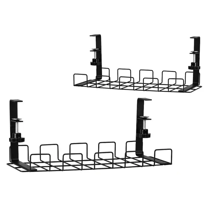 Black Metal Wire 2 Pack No Drill Desk Cable Organizer, Metal Cable Management Tray, Wire Cable Organizer Basket