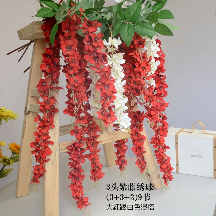 Fuyuan 1.64m bright red silk hydrangea wisteria flowers hanging vine wedding flowers garland for very high ceiling decoration