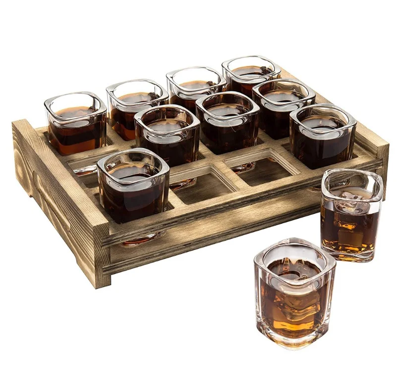 
Party Bar Rustic Burnt Pine Wood Sublimation Wedding Tasting Flight Wine Whisky Shot Glass Cup Holder Serving Caddy Tray 