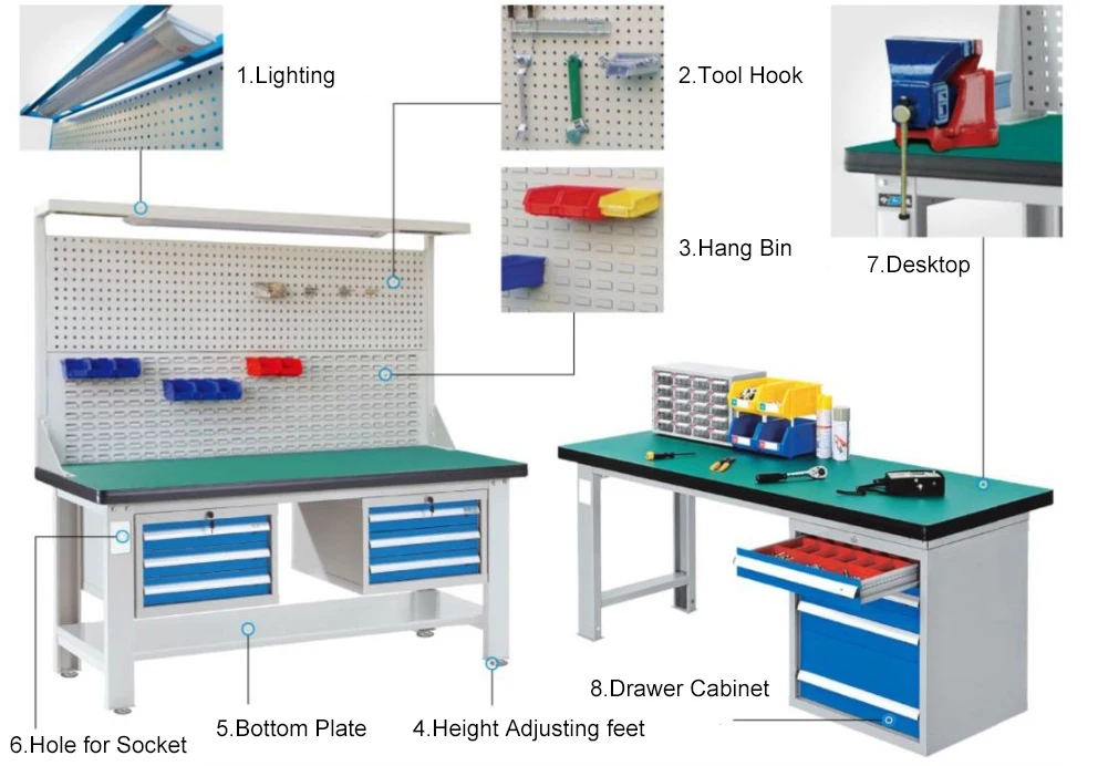 Custom Size Industrial Professional Table Technician Adjustable Heavy Duty Workbench Drawer