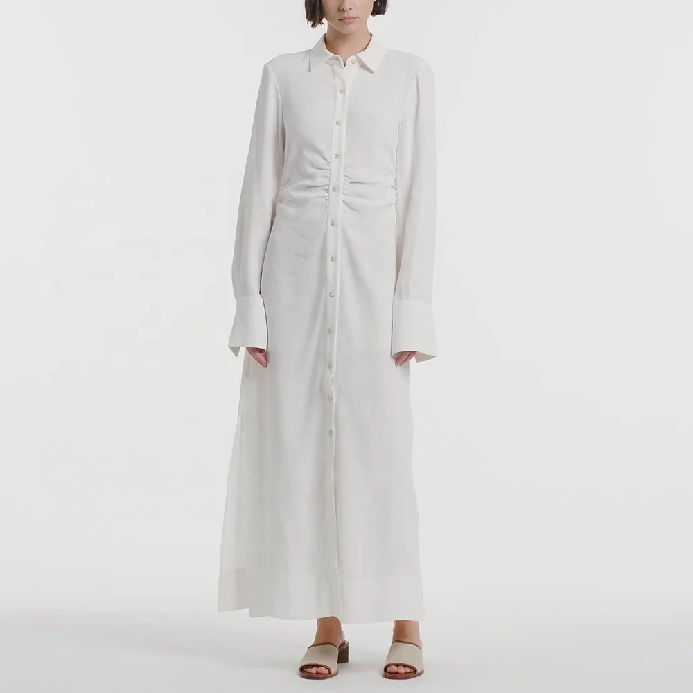 Plus Size Women Maxi Dress Solid Cotton Linen Long Sleeve Loose Single-Breasted Dress For Lady Elegant Slit Casual Dresses