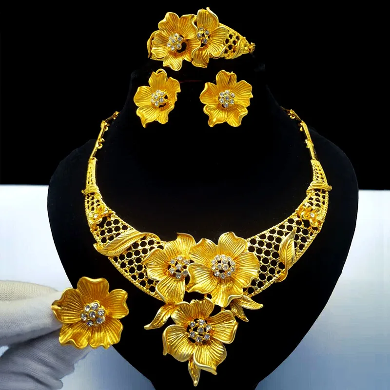 Bridal Indian Set 2024 24K Gold Dubai Wedding Rings Jewelry Gold Jewelry Necklace 24K Dubai Gold Jewelry 24K