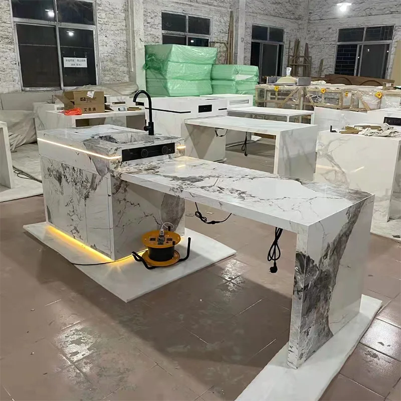 manufacture large format tile cut into cabinet countertop table top Snow mountain stone series sintered stone can be customized