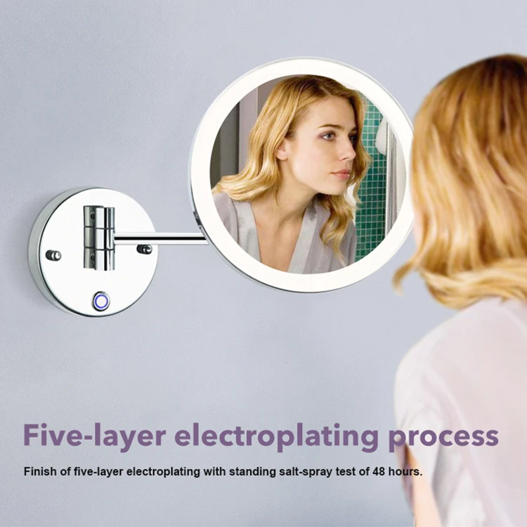 Wholesale Prices Custom Logo LED Double Sided Wall Mounted Mirror Retractable Cosmetic Mirror Lighted Makeup Mirror