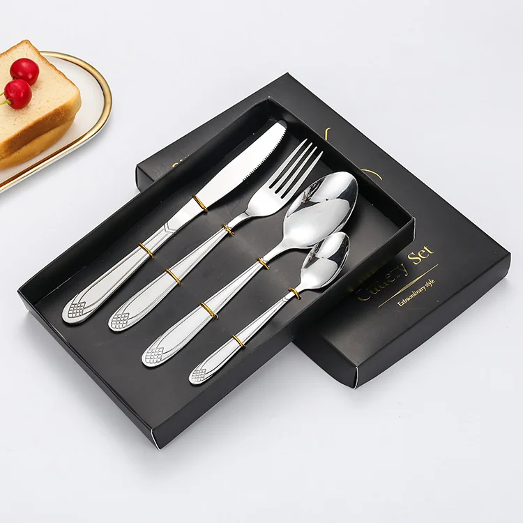Amazon Best Selling Luxury Gold Stainless Steel 4 Pieces Cutlery Sets Flatware Spoon Fork Knif With Gift Box