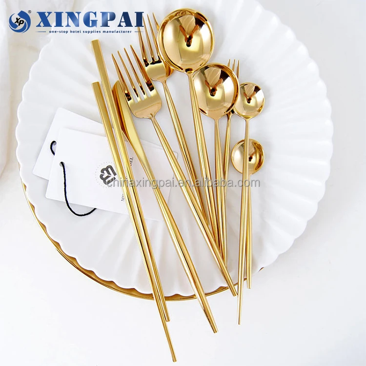 XINGPAI Five Star Hotel Stainless Steel Flatware Luxury Cutlery Golden Dessert Knife Fork Spoon Set for Buffet Catering