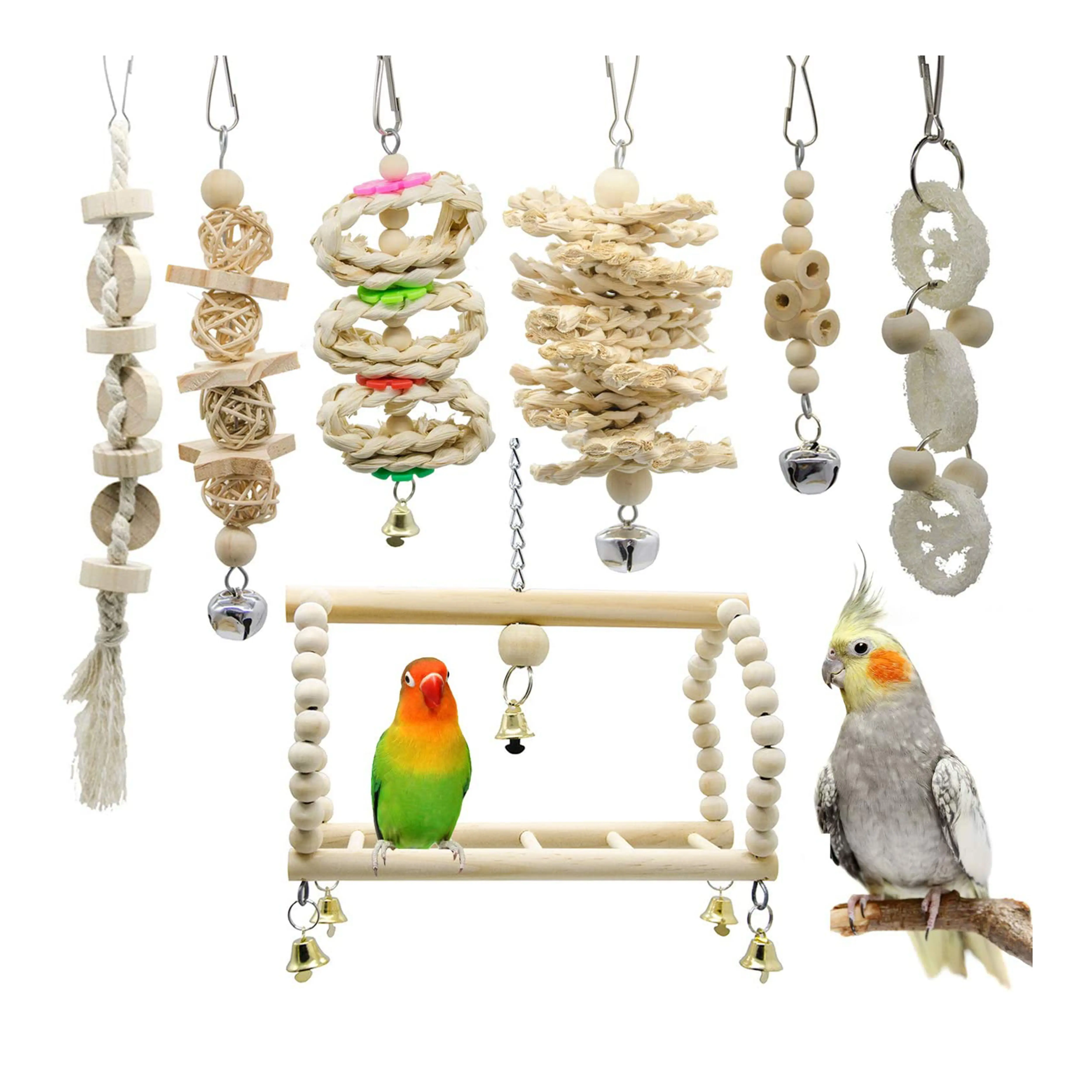 7Pcs African Grey Parrot Nature Wooden Chew Toy Hanging Rattan Ball Loofah Bird Toy For Birds Toys