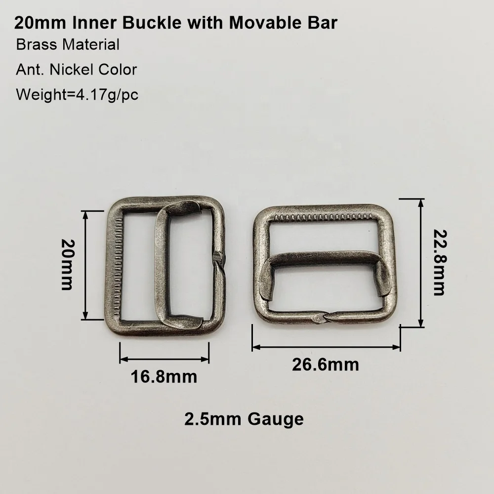 20mm Brass buckle with movable bar, buckle with teeth, adjuster belt buckle