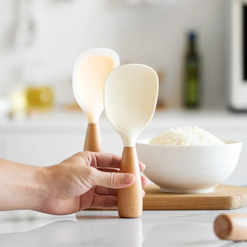 Non-stick Cute Cartoon Silicone Rice Spoon Colored Kitchen Rice Food Spoon with Round Stainless Steel Wood Handle