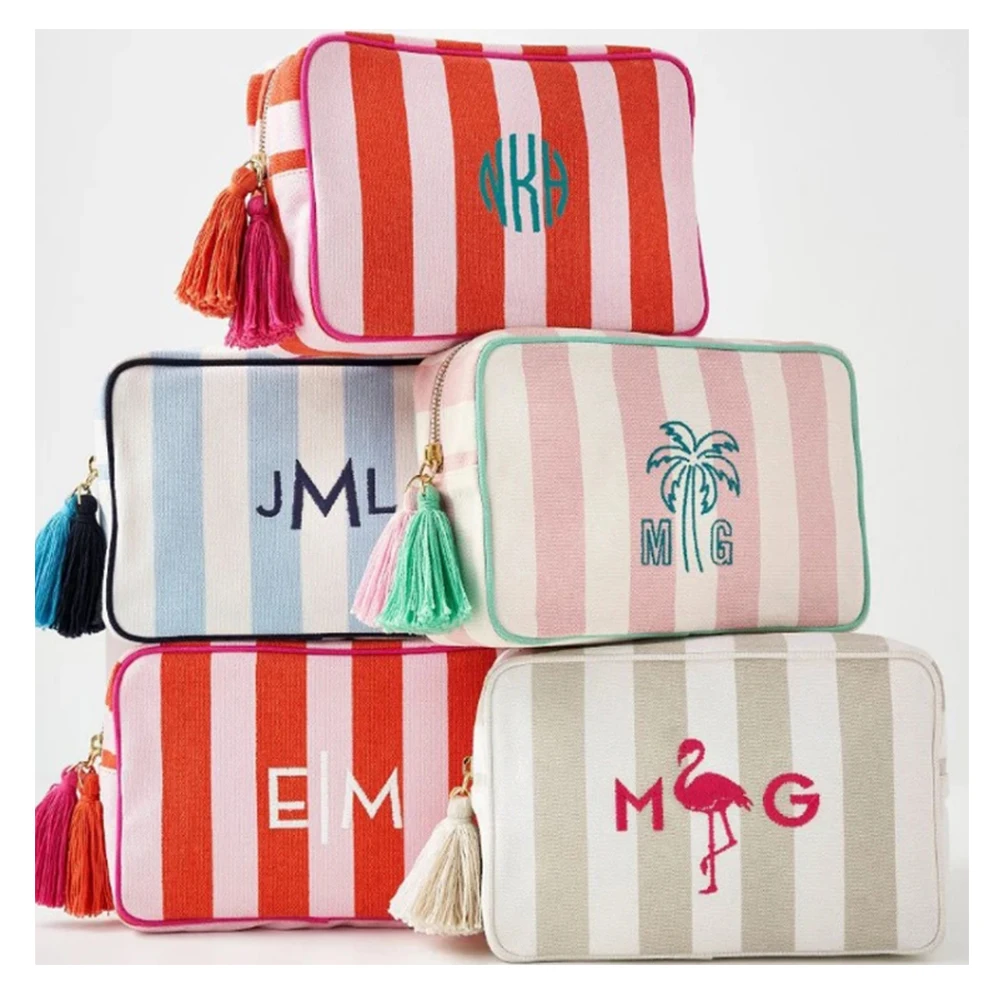 Embroidery Customization Stripes Canvas Natural With Tassel Cosmetic Pouch Makeup Bag