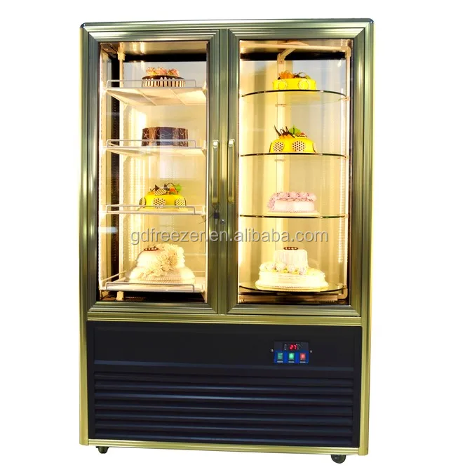 Commercial Bakery refrigerated showcase Rotating Cake Display Fridge with Vertical 4 side Glass
