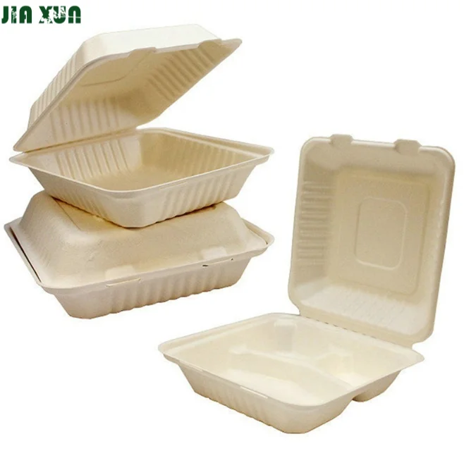 Biodegradable Disposable 8 Inch 3 Compartment Compostable Lunch Box Takeaway Bagasse Clamshell For Restaurant