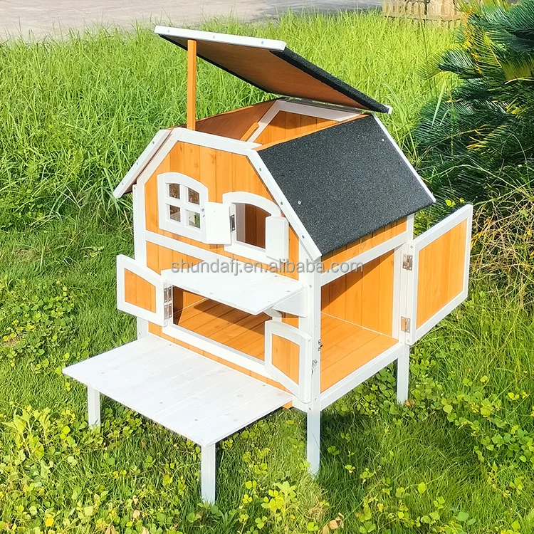 SDCH007 Cat House 2 Level Wood Multifunction Indoor Outdoor Use Wooden Cat House For 1-2 Cats