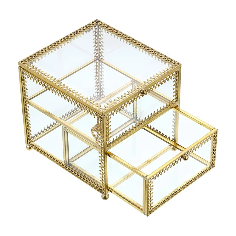 Vintage Glass Jewelry Trinket Box Bracelets Necklace Watch Rings Organizer holder Jewelry Display Case with Drawer