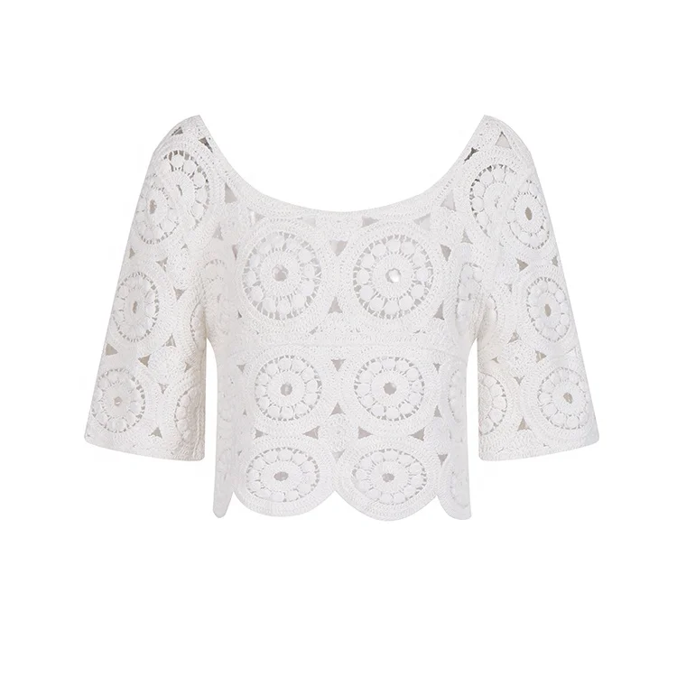 Knitwear manufacturer custom summer white cutout knit short crochet casual top