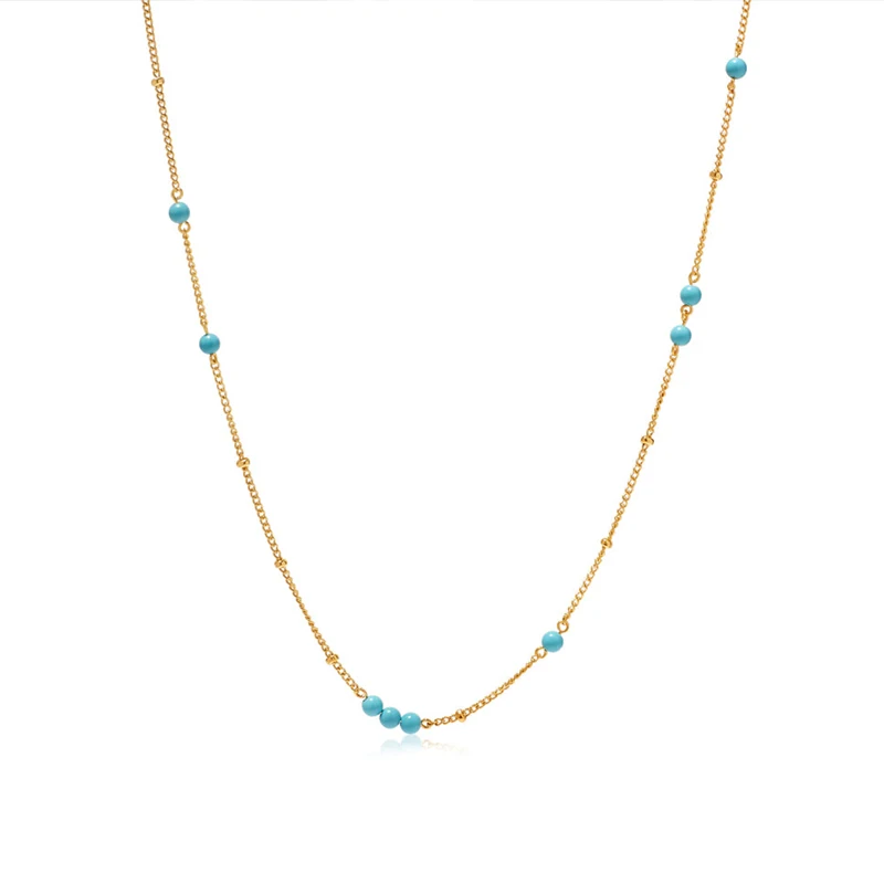 Delicate Stainless Steel 18K Gold Skinny Satellite Chain Necklace Riviera Turquoise Bead Chain Choker Necklace for Women