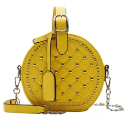 Fashion Rivet Round PU Leather Women Chains Handbag DIamond Lattice Shoulder Bag Lady Travel Purse Crossbody Bag Messenger