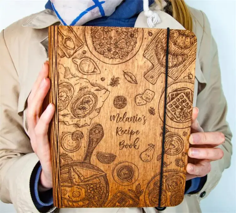 Multipurpose Recipe Binder Restaurant Bar Personalized Gift Customized Laser Engraved Wooden Blank Recipe Book Wooden Notebook