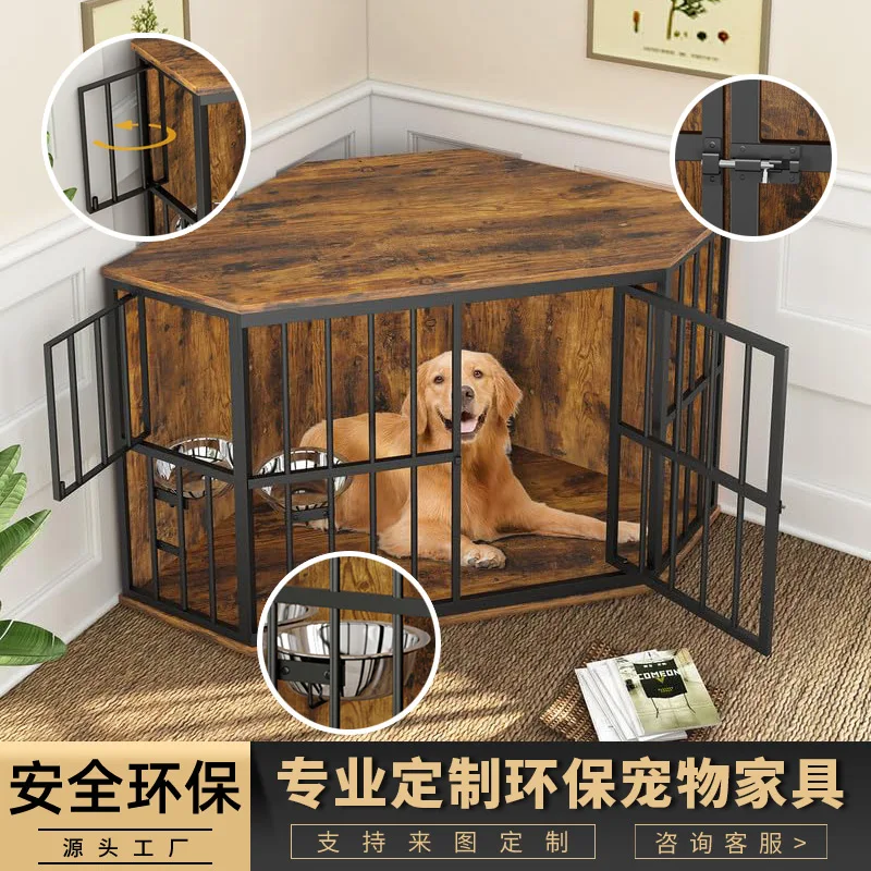 New Product Furniture Dog Crate Corner, Dog Kennel Corner Wooden End Table with Bowl,  Pet Crates Corner Side Table for Dogs