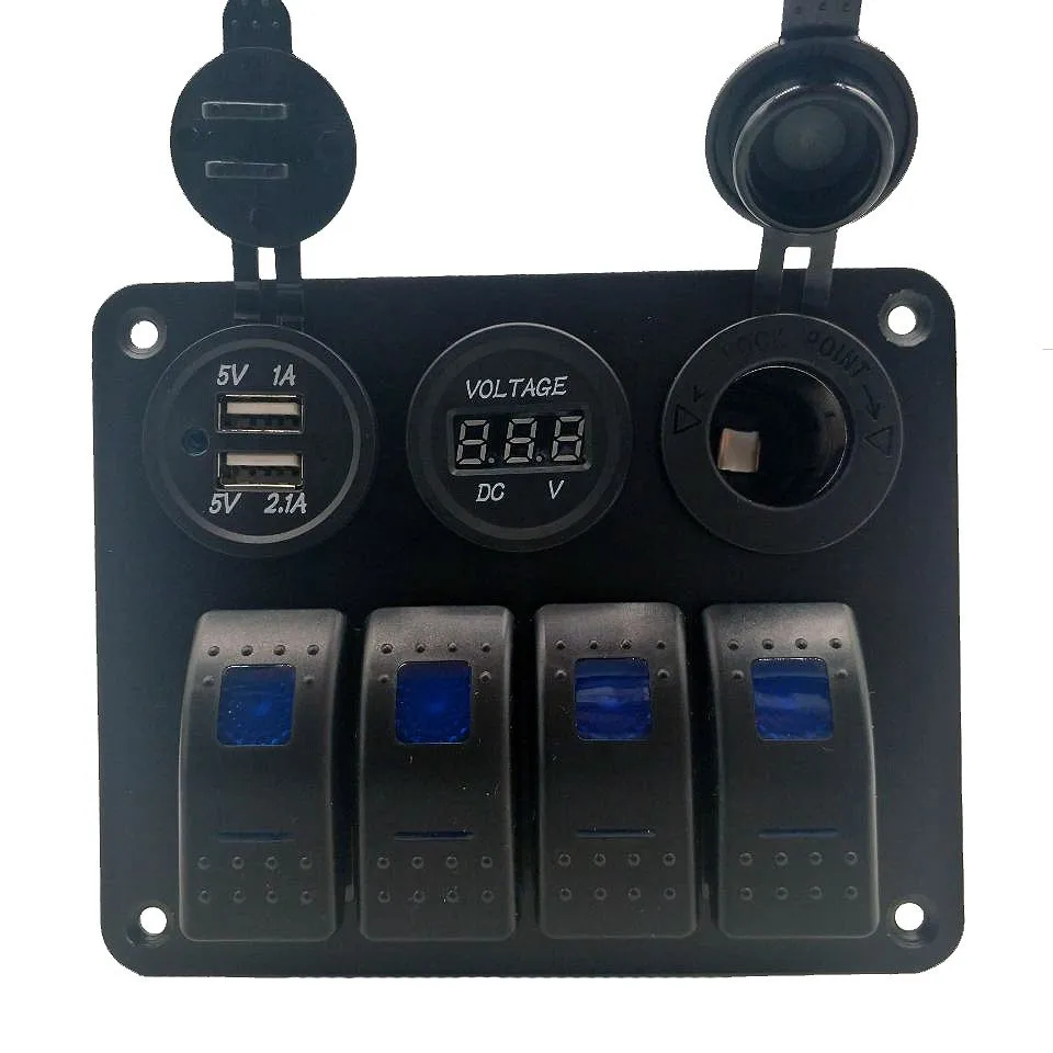 WEIKEN Aluminum 12V 24V USB Cigarette Light Socket Switch Panel Car RV Boat ON-OFF LED 4 Gang Smart Rocker Switch Panel