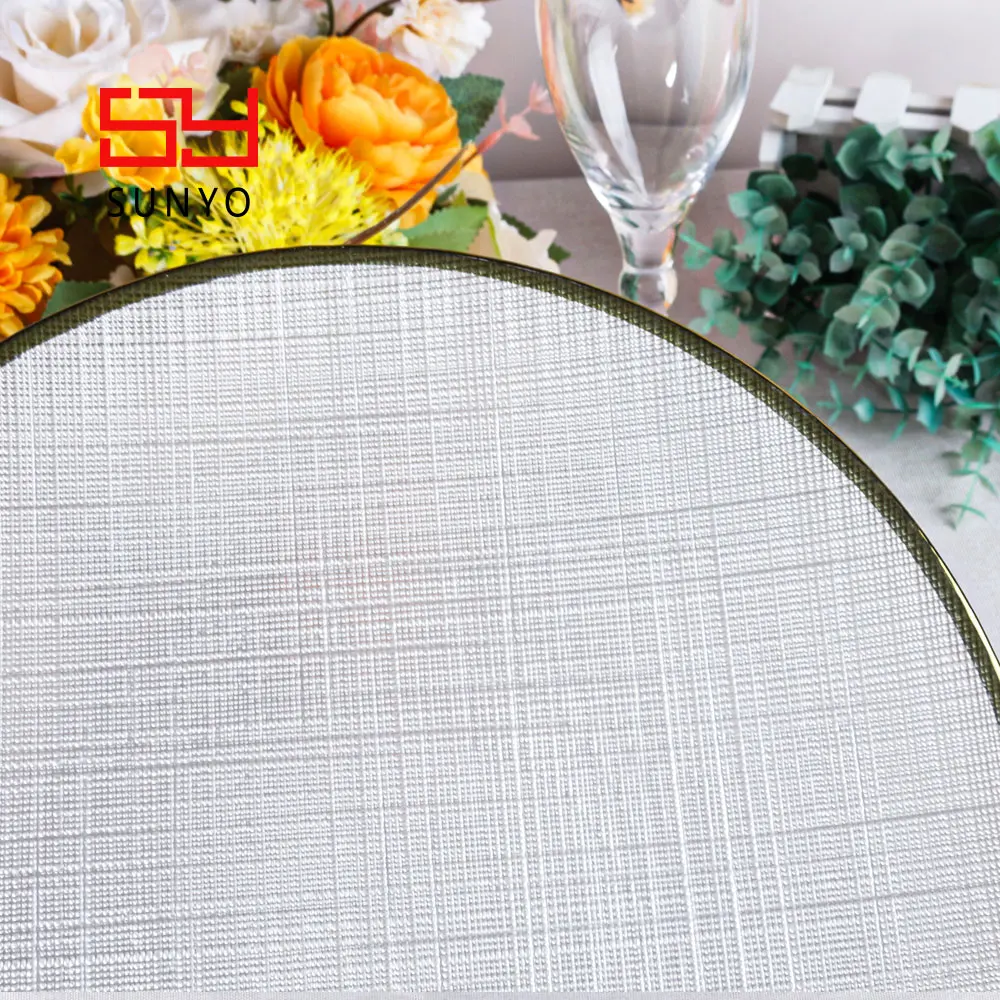 13 inch Hand Craft Customized Gold & Silver Rim Round White Dinner Salad Rhea Coupe Charger Glass Plate for Wedding Party Event
