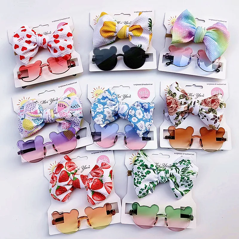 Wholesale Anti-Ultraviolet Baby Girl Sunglasses And Bow Knot Headband Set Cartoon Cute Gradient Baby Sunglasses Hairbands Set