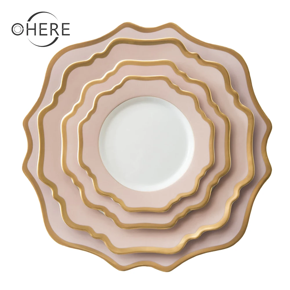 Ohere pink porcelain dinner set decal tableware irregular  charger plate golden rim dishes&plates  kitchen accessories utensils