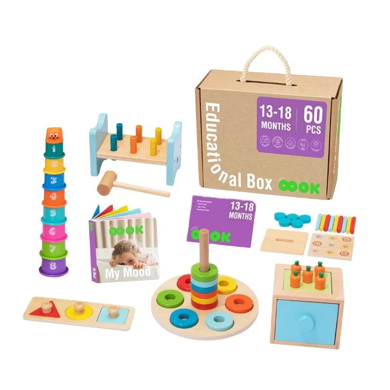 Wooden 3 in 1 Montessori Box Toy sets shape puzzle stacked toy building blocks tower 13-18 month Early Educational Box