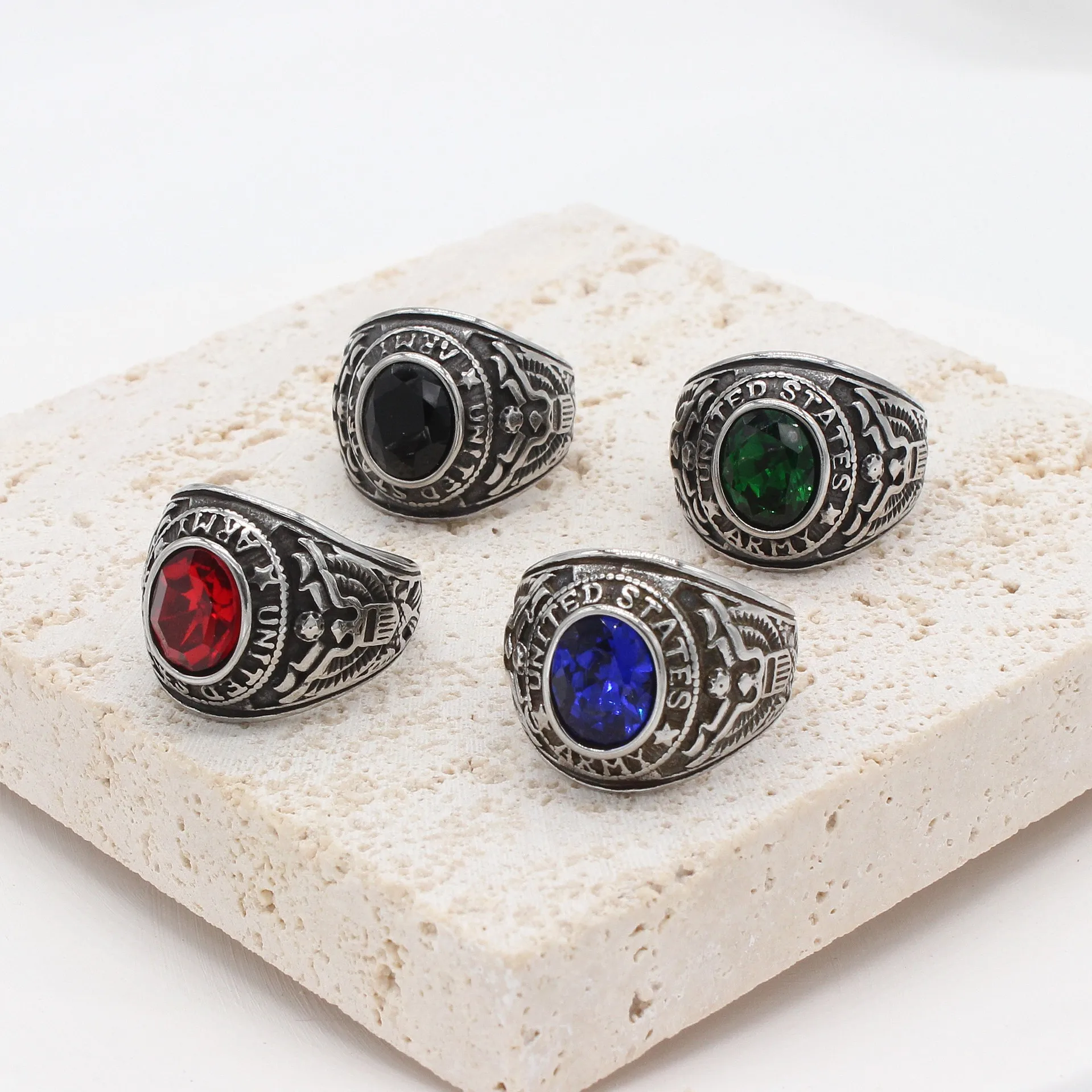 Titanium Steel Retro Eagle Studded With Diamond American Soldier Ring