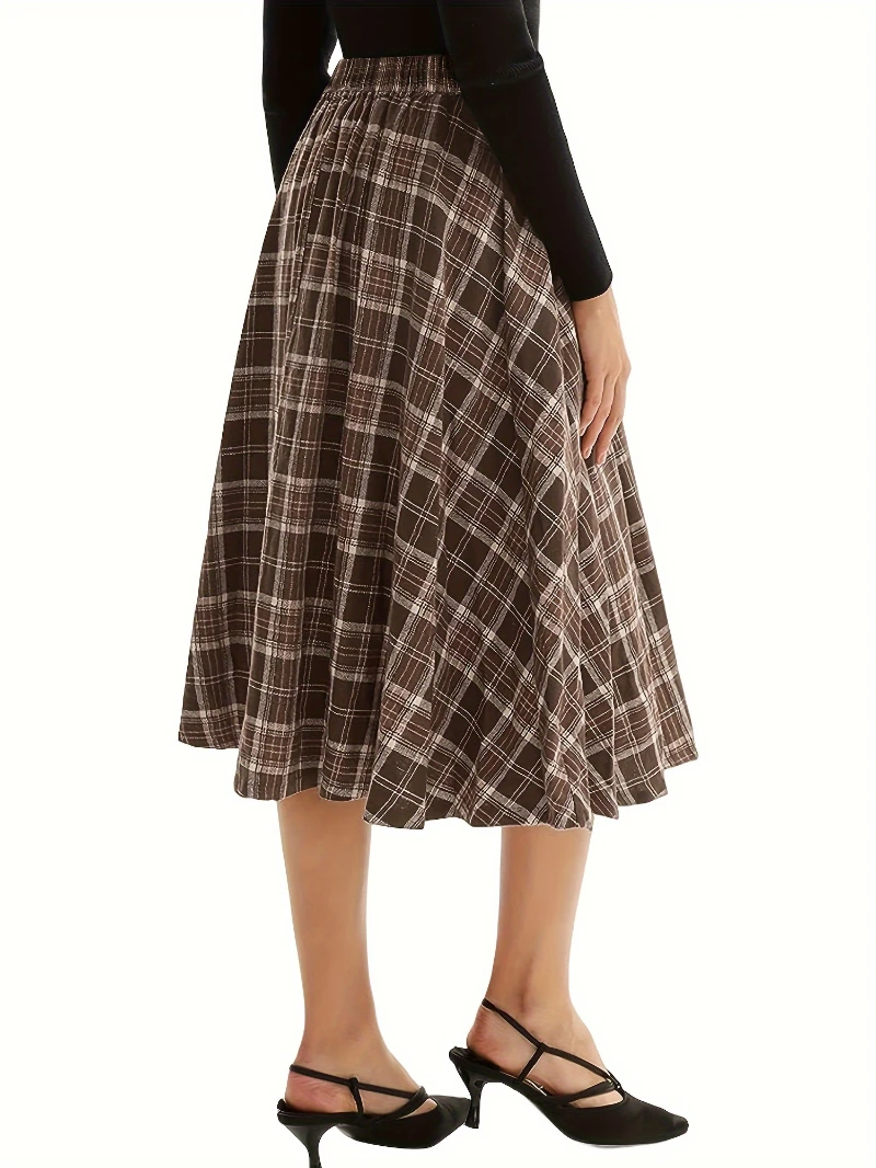 OEM Vintage Swing Elastic Plaid Print High Waist Buttons Decorated A-Line Mid Womens Plaid Retro Knit Flare Skirts