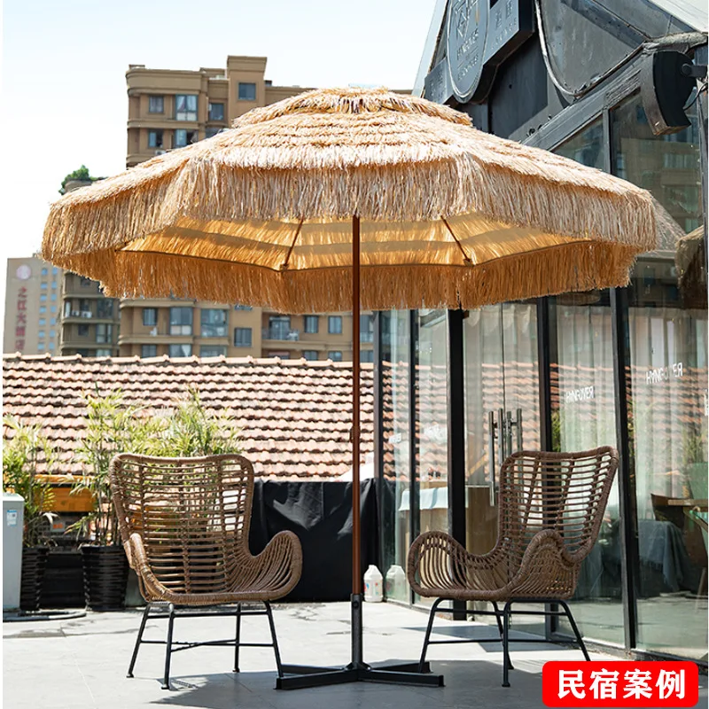 Outdoor Thatched Umbrellas Artificial Straw Middle Column Umbrellas Beach Sun Retro Pastoral Farmhouse Scenic Spots Parasols