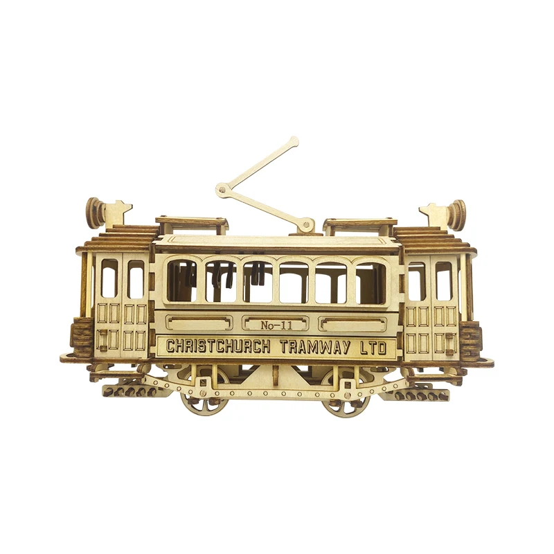 Hot Sale Retro Tram Wooden 3d Puzzle diy Streetcar Model Assembly Game for Teens Creative Handmade Building Kits Wood Crafts