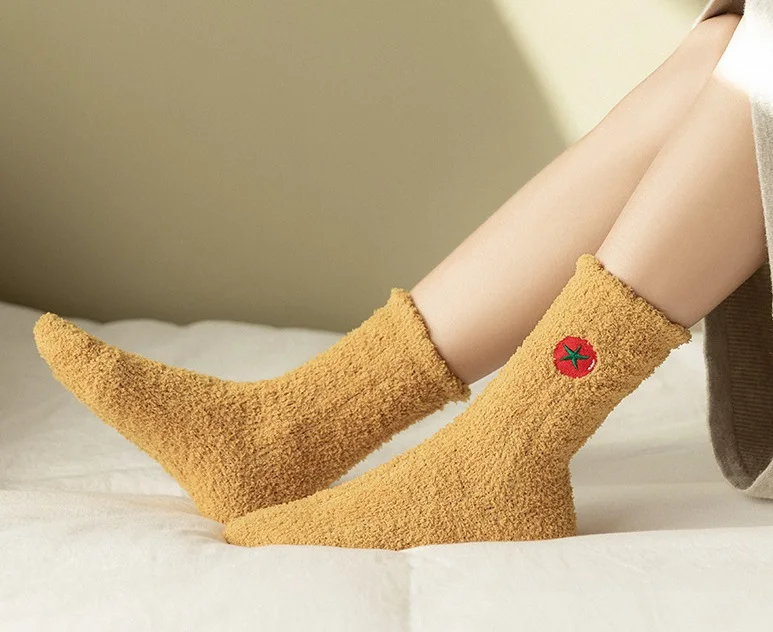 Low MOQ Embroidery Logo Fruit Design Knitted Coral Fleece Home Socks Winter Soft Thick Sleep Bed Socks For Women