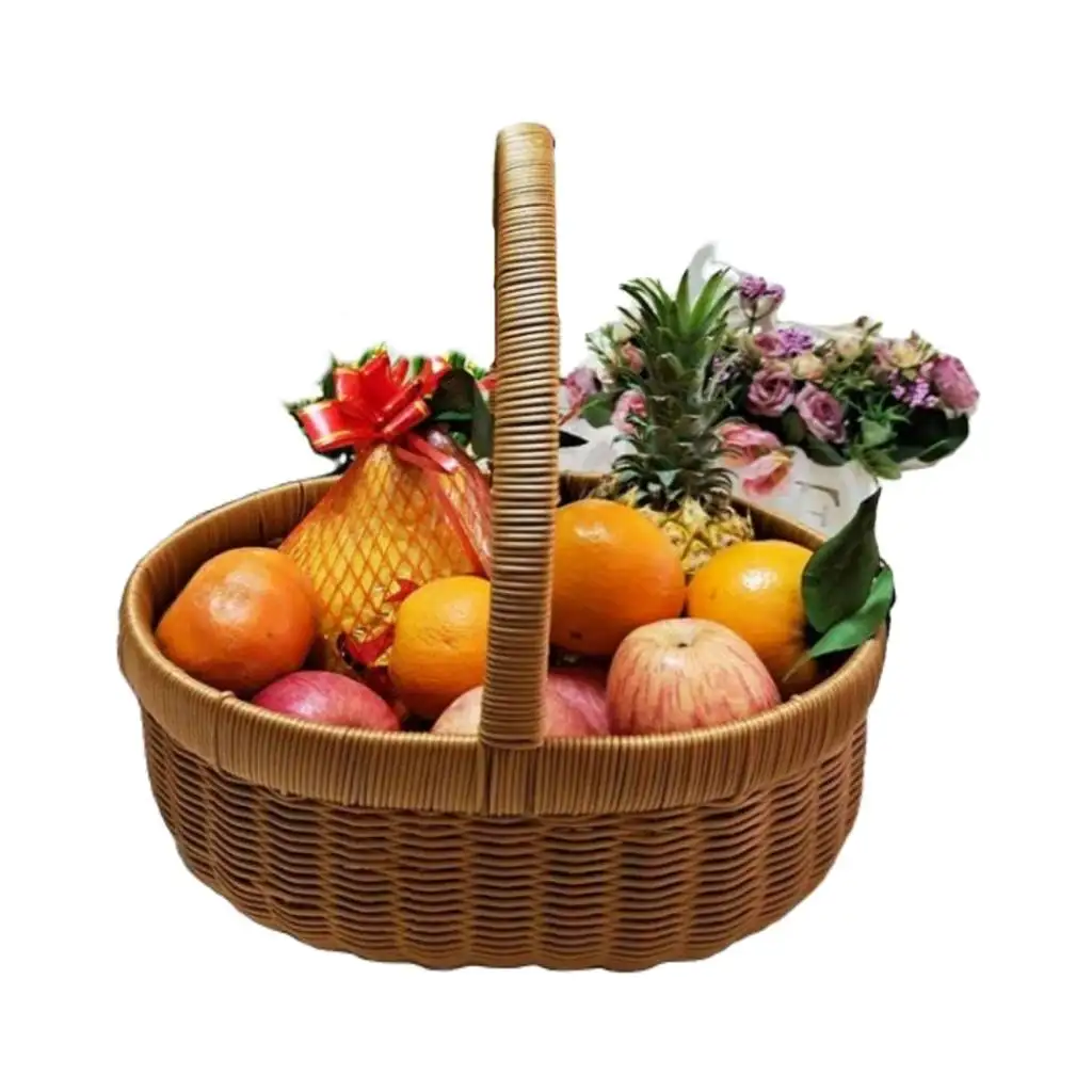 Oval PP Rattan Handwoven Picnic Basket Fruit Egg Storage Basket with Handle