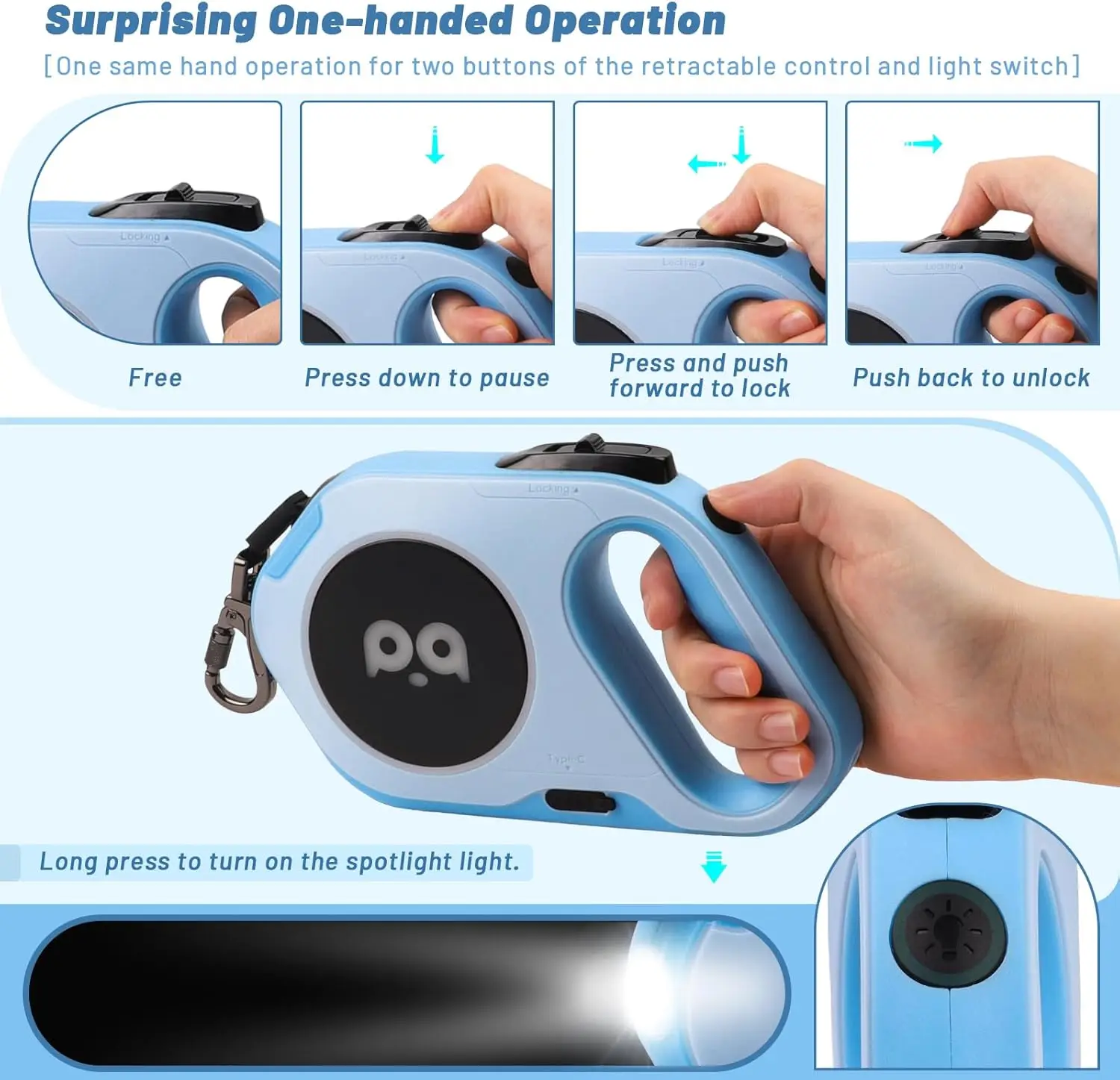Retractable Dog Leash with Rechargeable LED Light - Strong Nylon Tape for Night Walks up to 88lbs Pet - 360 Tangle-Free