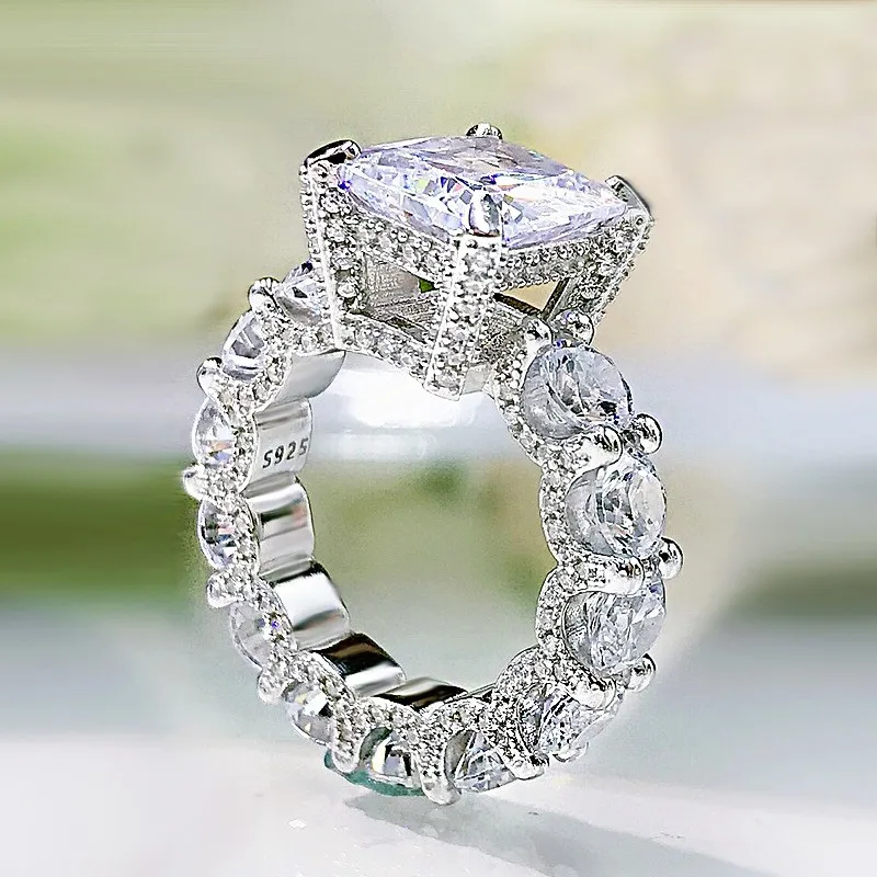 High Quality S925 Sterling Silver 925 Rectangular 5 Carat Artificial Diamond Zircon Engagement Wedding Ring Women Jewelry