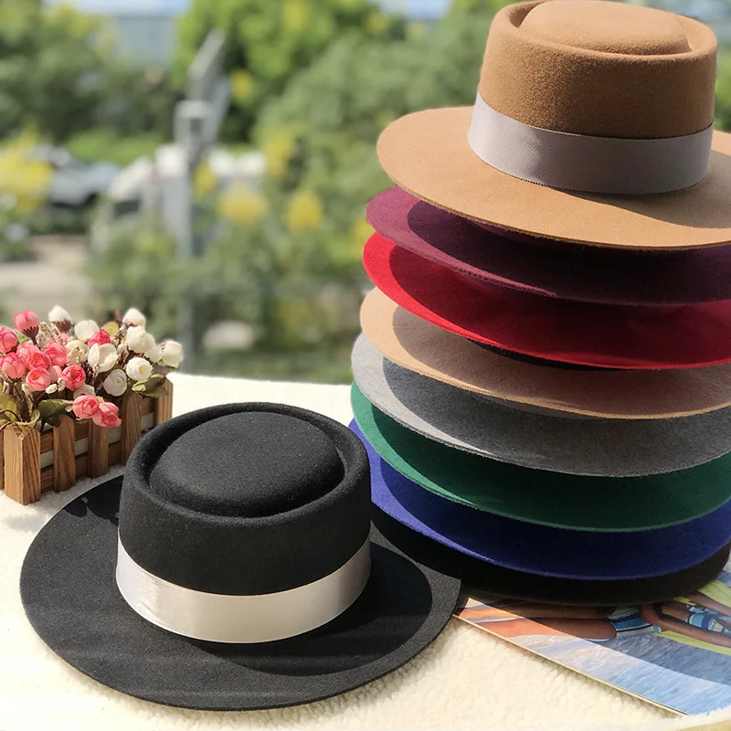 
Fashionable round wool flat top hat with big brim fedora hat in autumn and winter 
