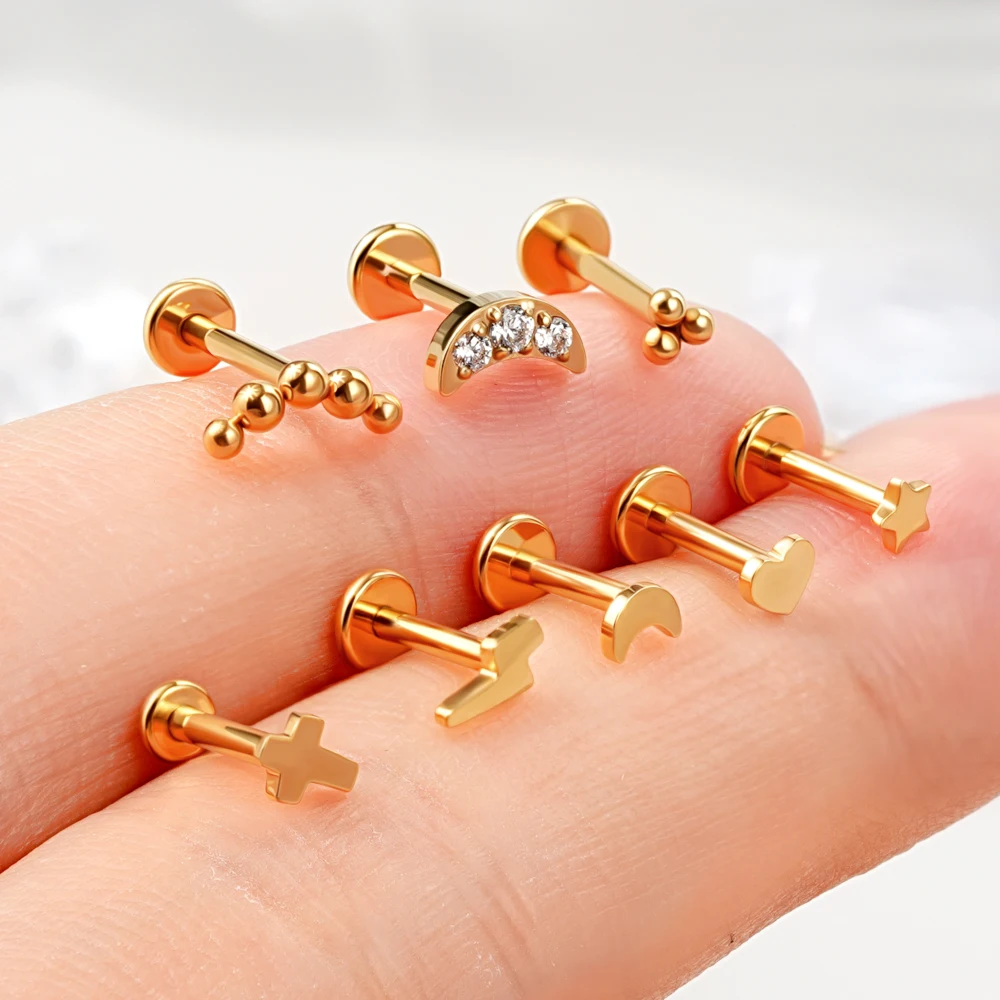 G23/ASTM F136 Titanium Internally Threaded Thunder Cross Moon Heart Start Shape Labret Stud Piercing Jewelry