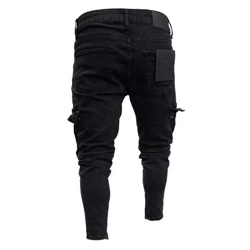 New Custom Pencil Skinny Ripped Slim Fit Black Pocket Denim Men Jeans