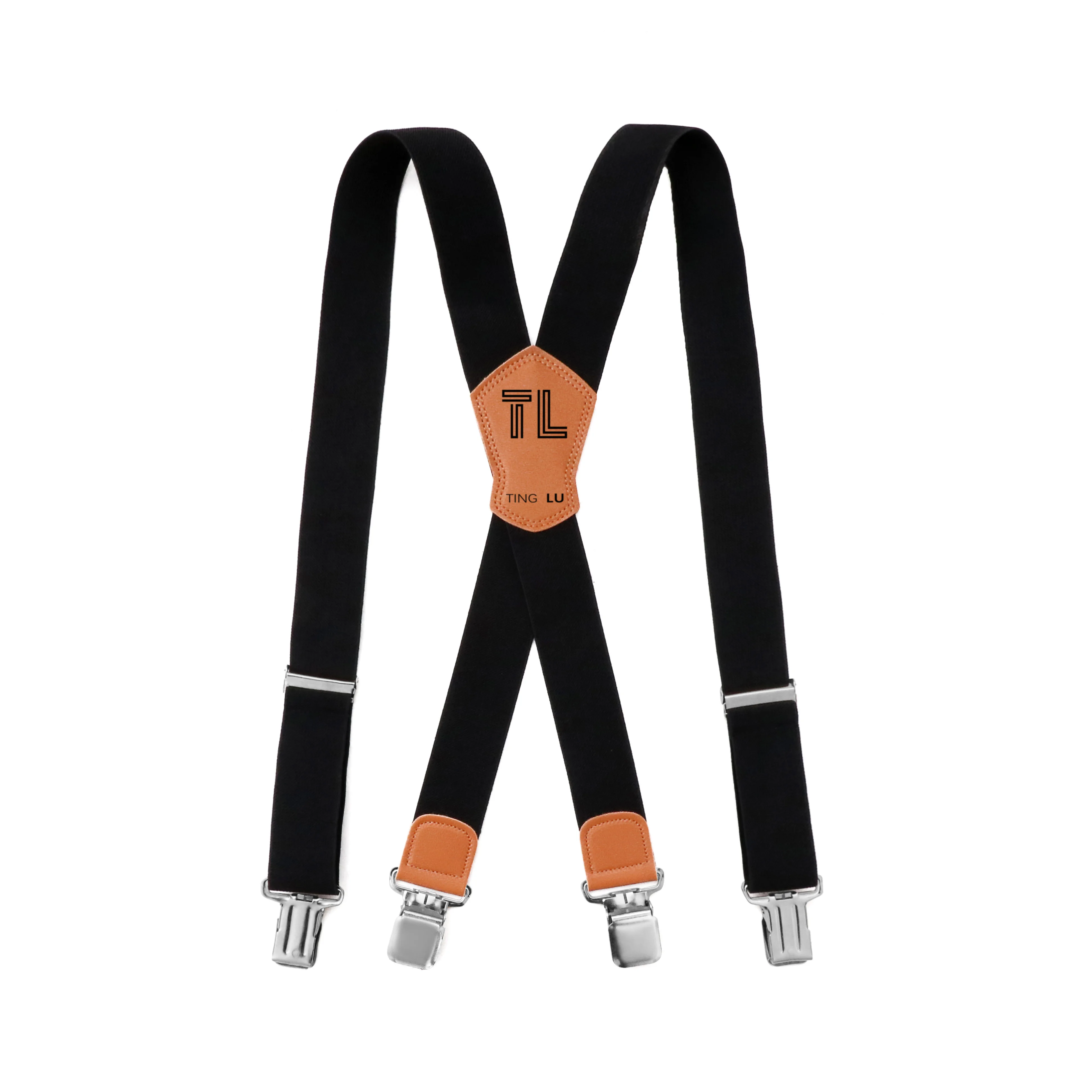 Fashion Custom Design Logo 4 Clips Black Elastic Button Brace Suspenders Belt Set for men