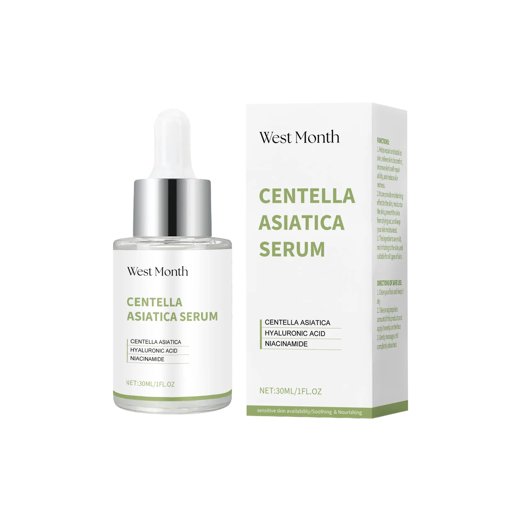 WEST MONTH Organic Face Skin Smoothing Moisturizing Hydrate Brightening Repair Strengthen Organic Centella Asian Extract Serum