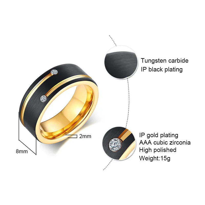 Black Gold Color 8mm Stainless Steel Rings  Men Simple Cubic Zirconia Double Groove Rings Wedding B Male Alliance Jewelry