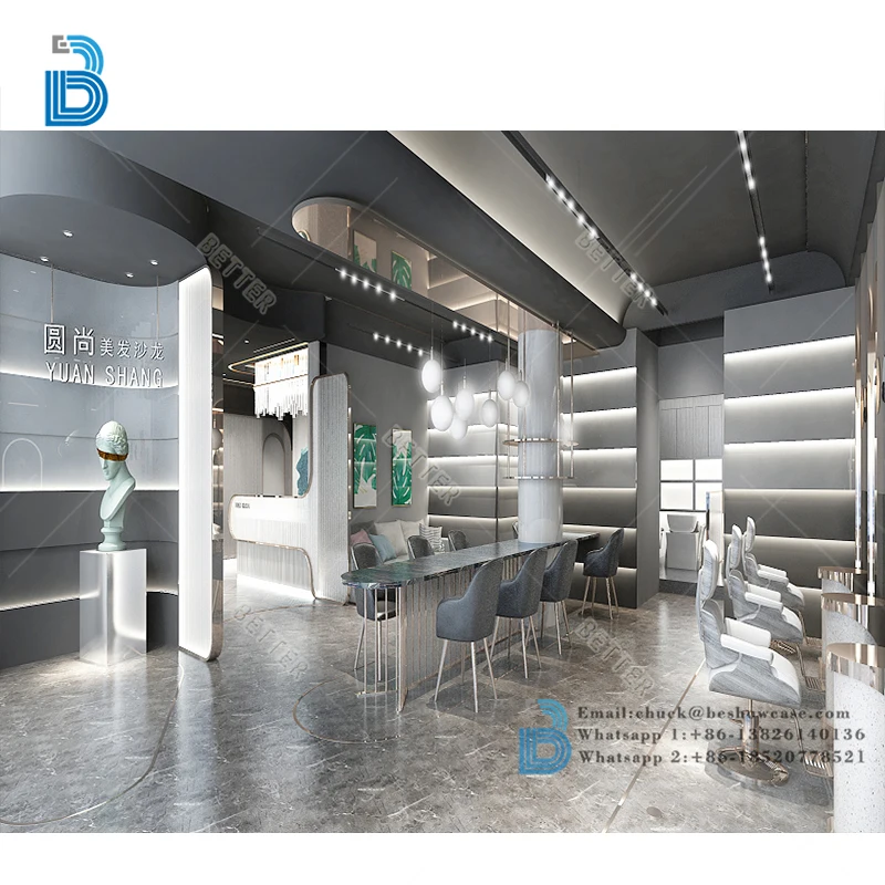 Barber Shop Interior Decoration Design Customized Barber Shop Display Furniture Counter Shelves For Beauty Salon Makeup Display