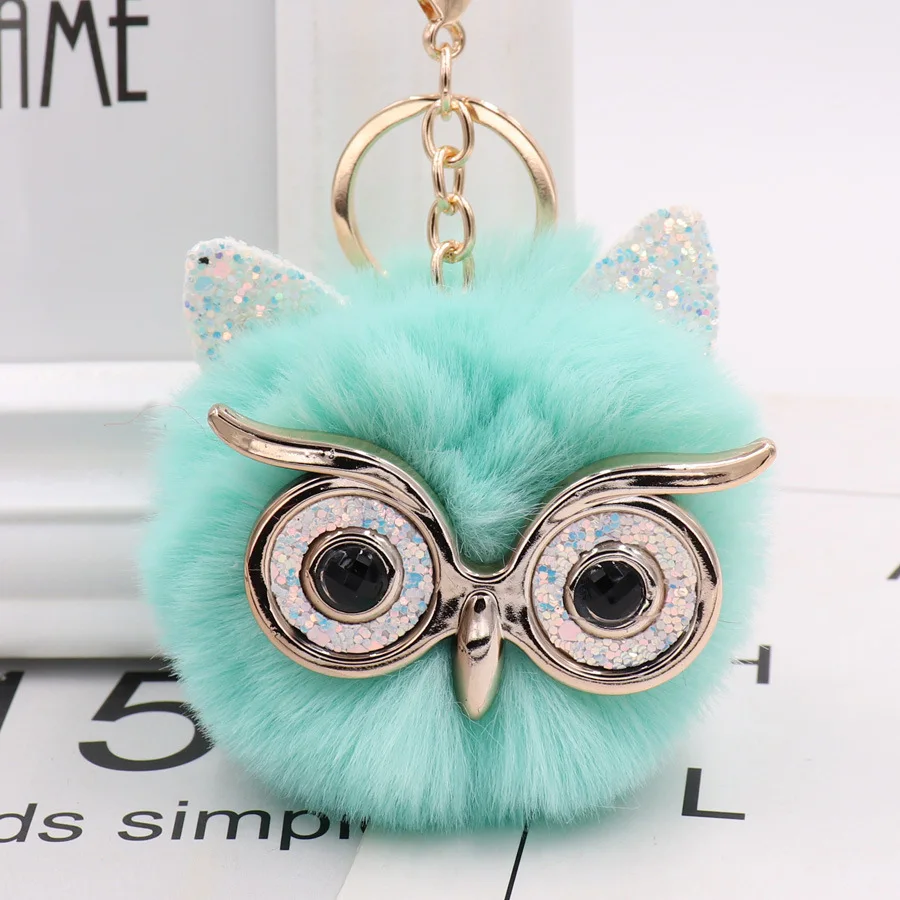 Wholesale Cute Owl Pom Fluffy Pom Plush Keychain Key Ring Faux Fur Ball For Girls Women Bag Accessory