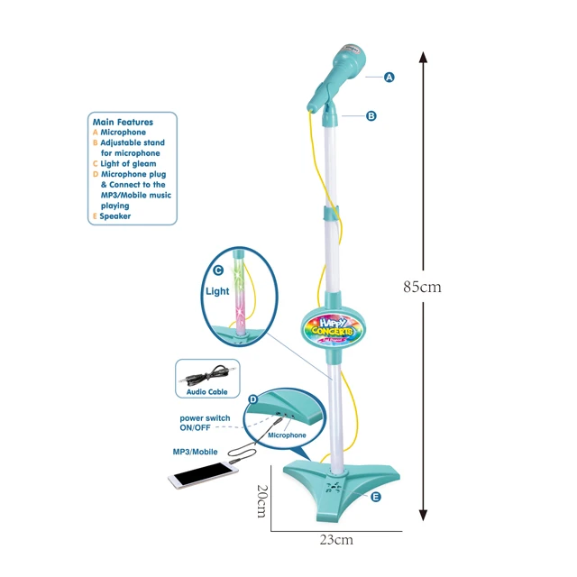 Educational Electric Blue Single Tube Flash Microphone Multifunction Karaoke with MP3 Function Musical Toys for Kids