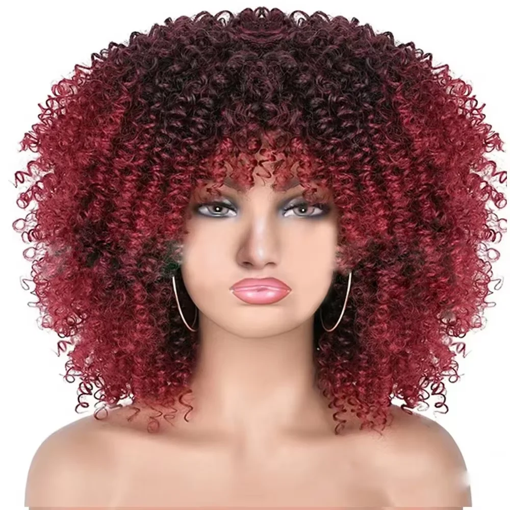 Cheap Heat Resistant Curly Synthetic Wigs With Lowest Price Quality Glueless Afro Kinky Synthetic Fiber  Hair Wigs With Bangs